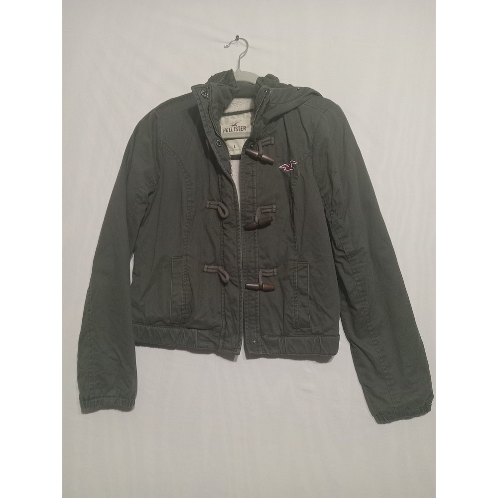 RARE Y2K Hollister Olive Hooded Toggle Jacket Faux Fur Lined Bella Swan Core LG